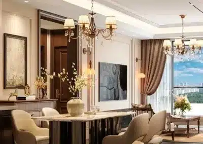 Luxury open-plan dining room with chandelier lighting and sitting lounge at Riverside Azure Apartments on Riverside Drive