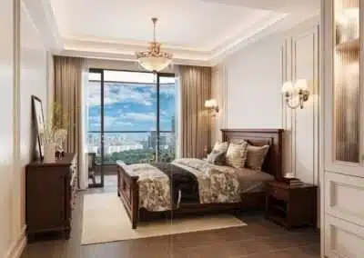Master bedroom with wooden bed frame, chandelier, and balcony view at Riverside Azure Apartments on Riverside Drive