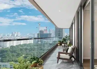 Expansive private apartment balcony with glass railing overlooking Nairobi skyline at Riverside Azure Apartments on Riverside Drive