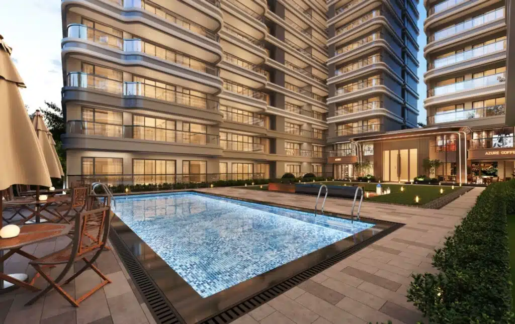 Outdoor swimming pool and courtyard sun loungers at Riverside Azure Apartments on Riverside Drive in Nairobi