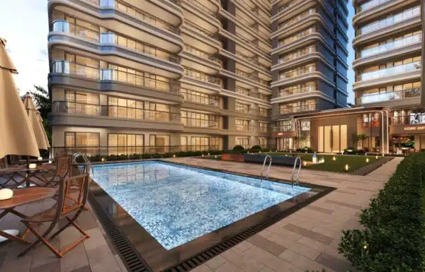 Outdoor swimming pool and courtyard sun loungers at Riverside Azure Apartments on Riverside Drive in Nairobi