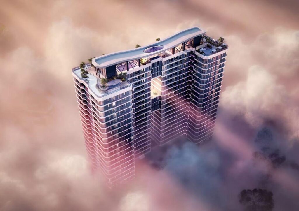 Aerial view of Amethyst Springs residential towers and rooftop amenities