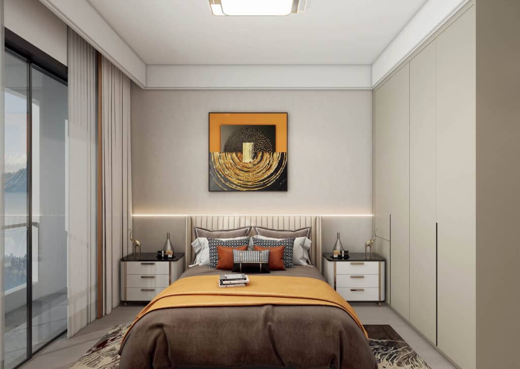 Modern bedroom with fitted wardrobes in a Westlands apartment