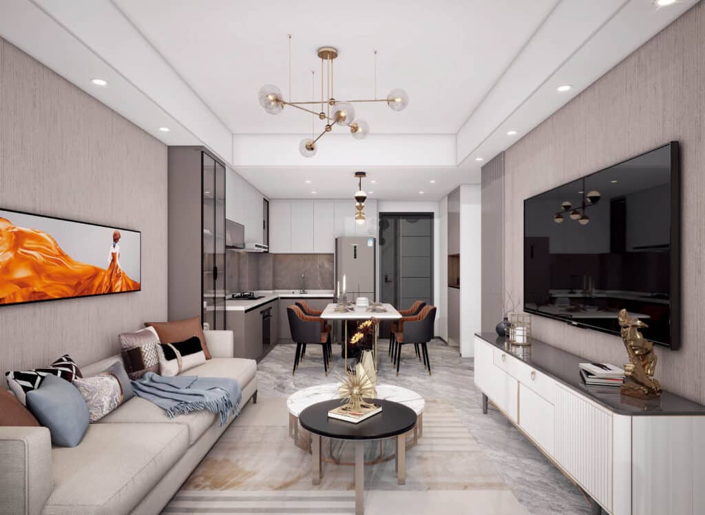 Modern living room and fitted kitchen in an Amto View apartment