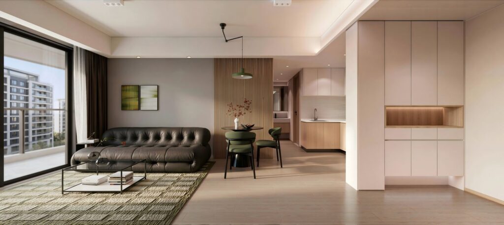 Open-plan living dining and kitchen area at Cambridge Garden Kilimani