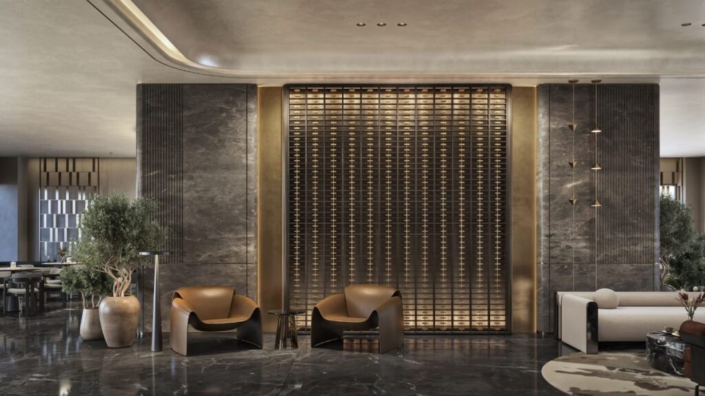 Grand arrival concierge desk and luxury waiting lounge interior at Seasons Riverside Drive