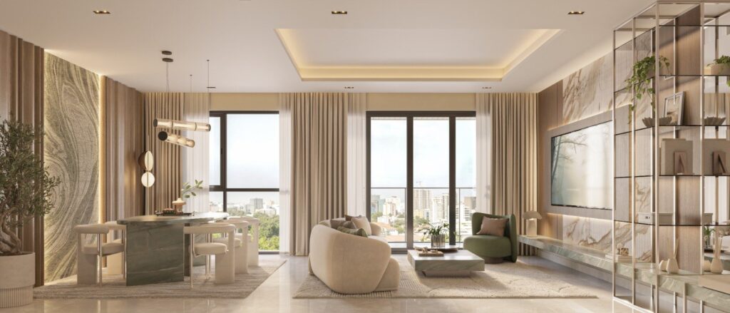 Open-plan living and dining area at Seasons Riverside Apartments