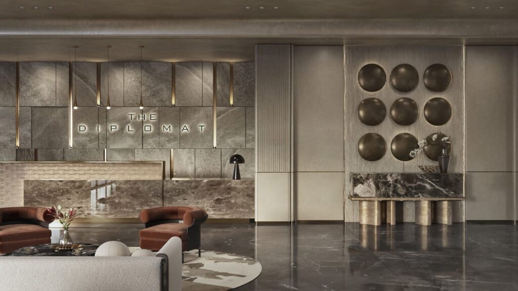 Executive resident waiting lounge with stone feature wall and modern lighting at Seasons Riverside Driv
