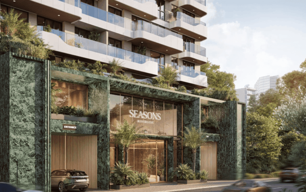 3D architectural rendering of Seasons Riverside luxury apartments entrance facade on Riverside Drive 66