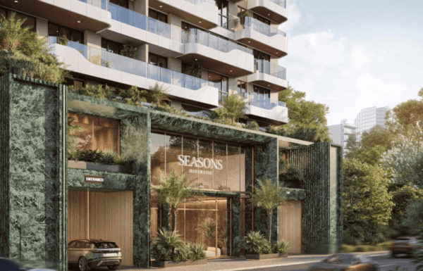 3D architectural rendering of Seasons Riverside luxury apartments entrance facade on Riverside Drive 66