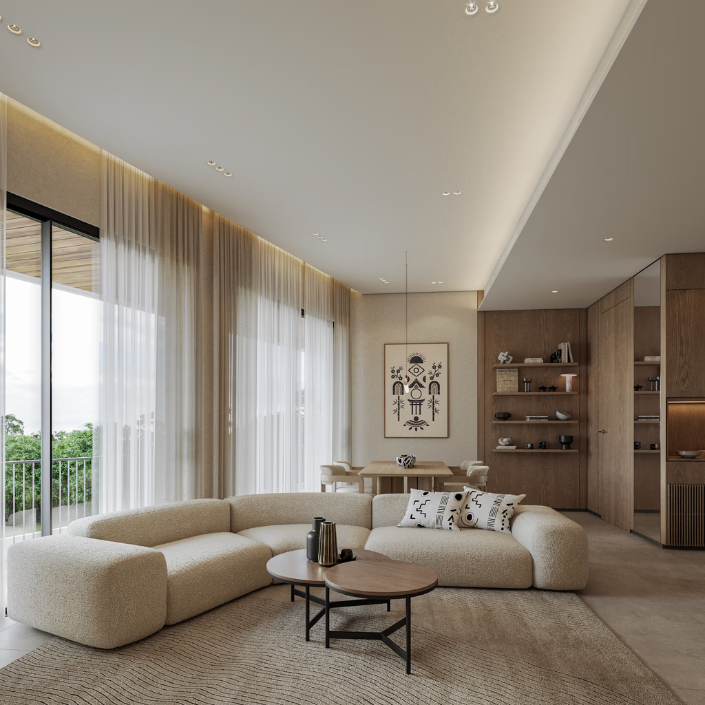 Furnished apartment living room with large windows at Silva Gigiri