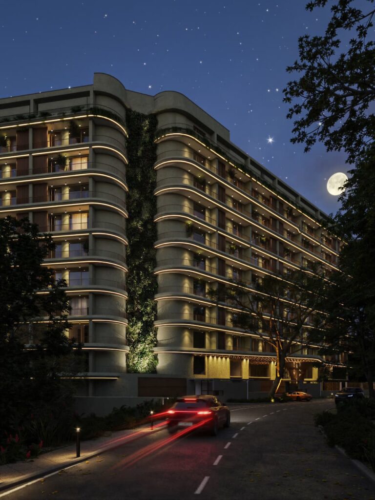 Night exterior of Silva Gigiri luxury apartments in Nairobi