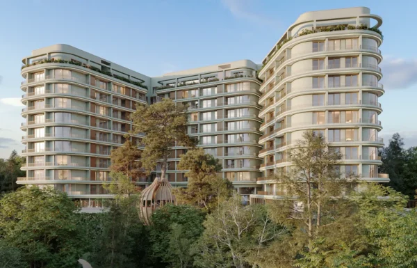 3D architectural exterior rendering of Silva Gigiri luxury residential building enveloped by forest foliage in Gigiri UN Zone