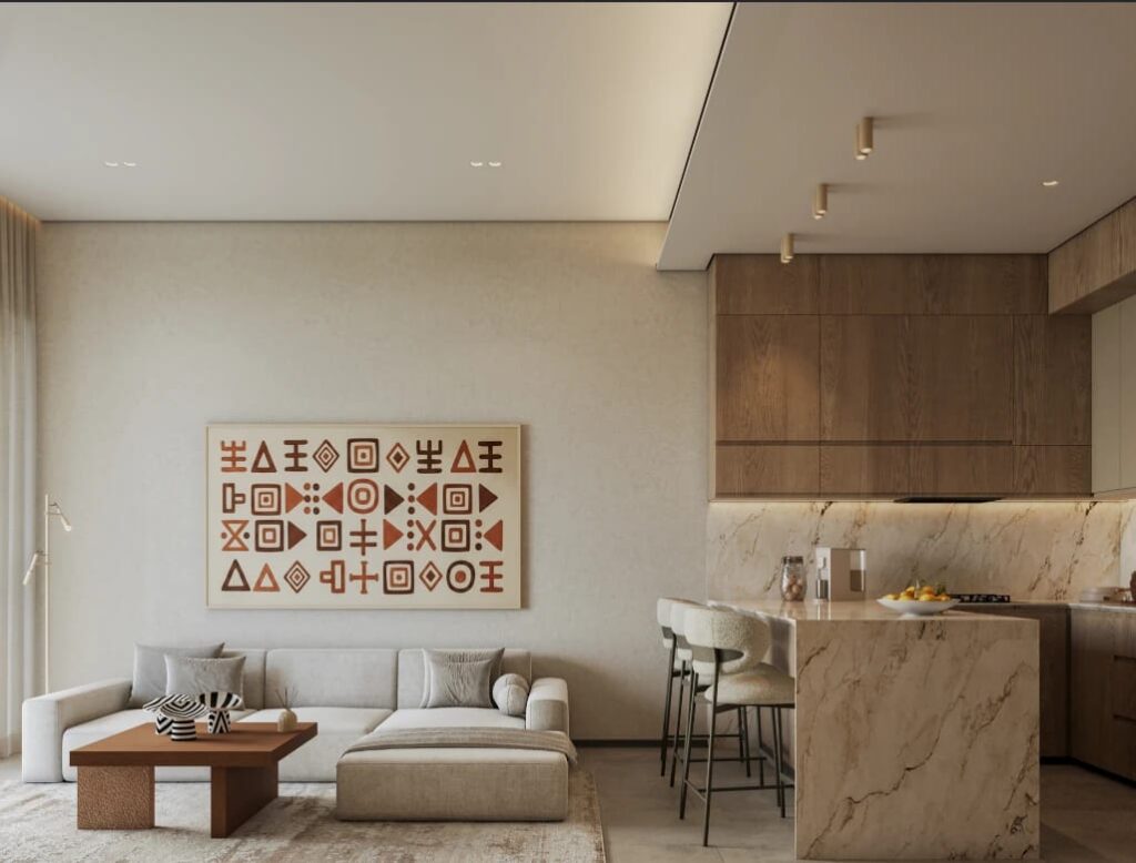 Furnished open-plan living room and kitchen at Silva Gigiri apartments
