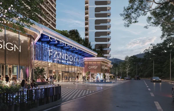 3D architectural rendering of A-One Pandora main entrance promenade with illuminated sign and water fountain on Muthangari Drive