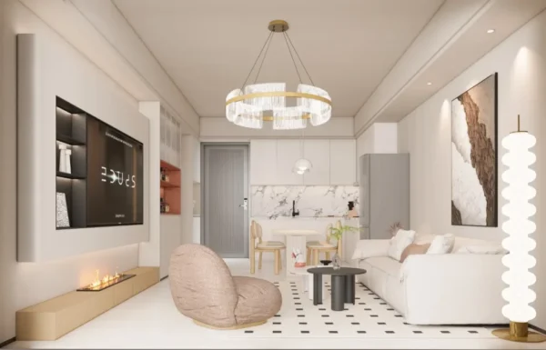 Stylish living room interior featuring a custom wall-mounted TV console, built-in electric fireplace, and pendant lighting at Limerence Arbor Residency in Kilimani, Nairobi.