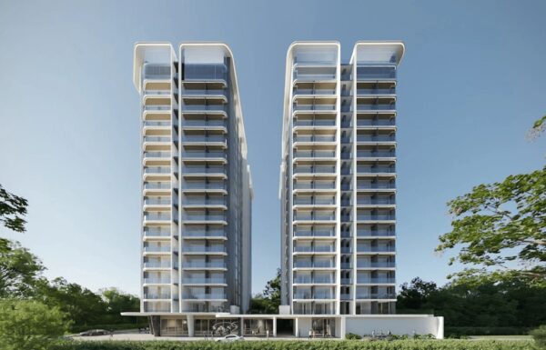 3D architectural exterior rendering of Royal Harmony twin residential towers on Lenana Road Kilimani
