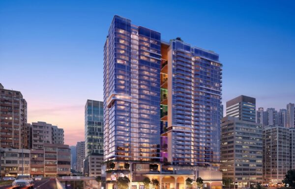 Twilight architectural rendering of the twin-tower residential development featuring full-height glass facades and sky gardens in Westlands, Nairobi