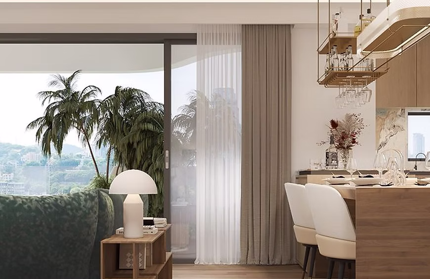 Amani Residence living and dining area with full-height balcony doors and Westlands views