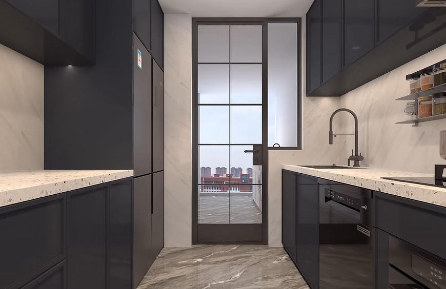 Modern galley kitchen at Amani Residence with dark cabinetry, stone worktops and integrated appliances