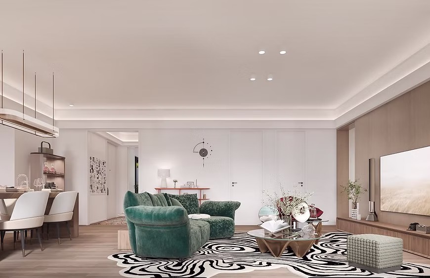 Spacious living and dining room at Amani Residence with modern furniture and entertainment wall