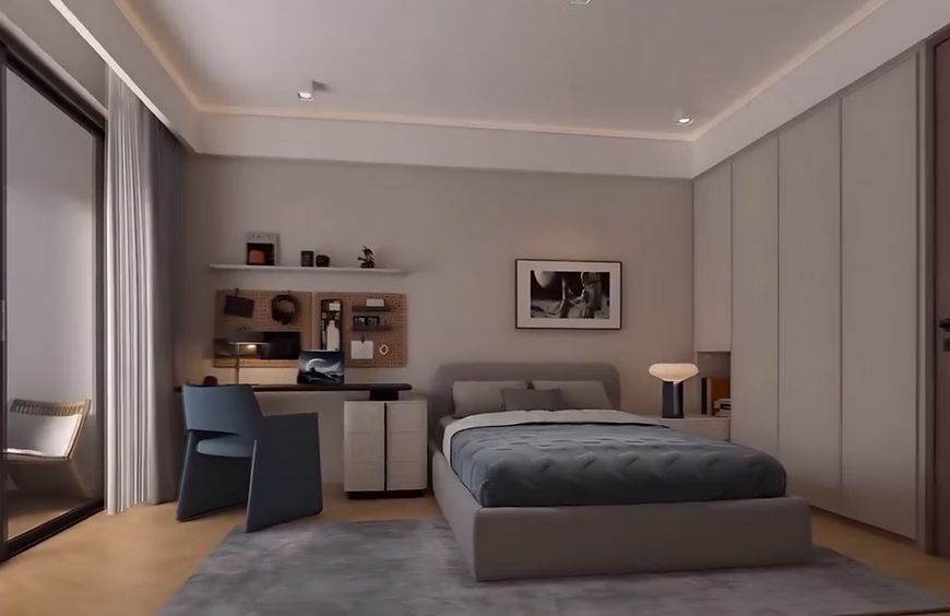 Modern ensuite bedroom interior at Amani Residence with fitted wardrobes, study desk and balcony access