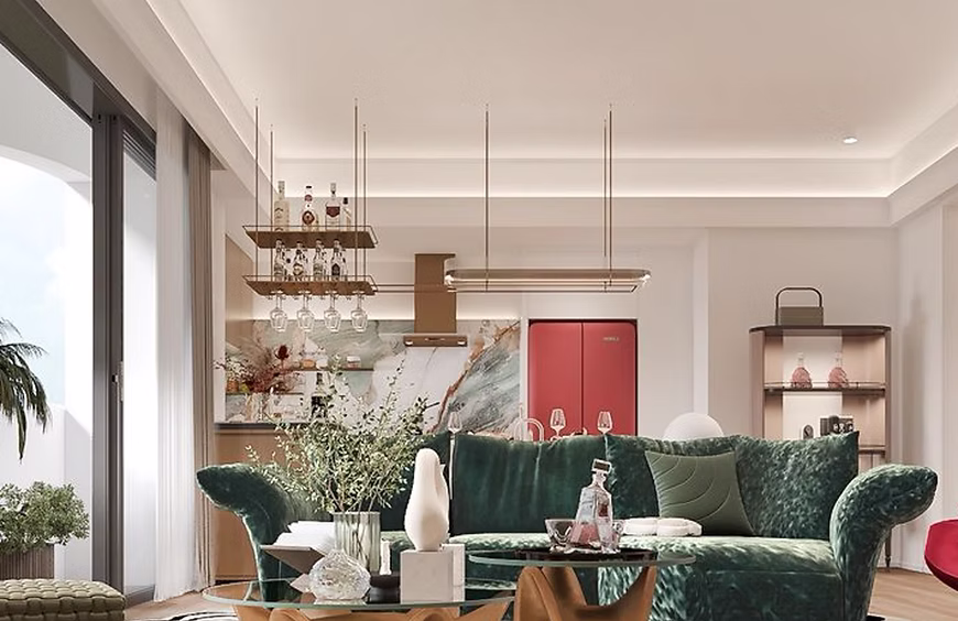 Luxury open-plan living room at Amani Residence with green sofa, kitchen and balcony access