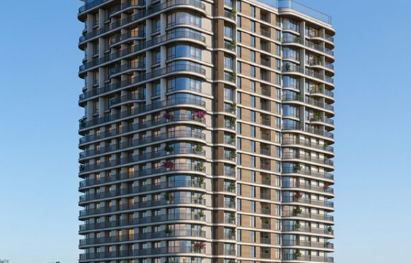 High-rise luxury apartment building exterior at Avero Residences in Westlands, Nairobi, featuring modern glass balconies and rooftop gardens.