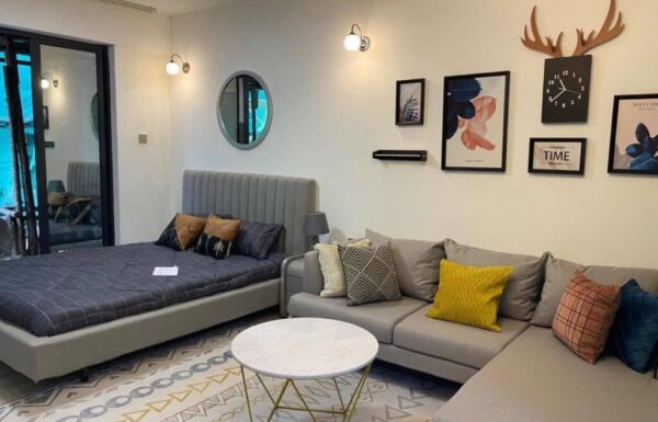 Combined studio apartment bedroom and cozy lounge area with sectional sofa, upholstered bed, and patterned rug at Diamond Homes in Kileleshwa, Nairobi.