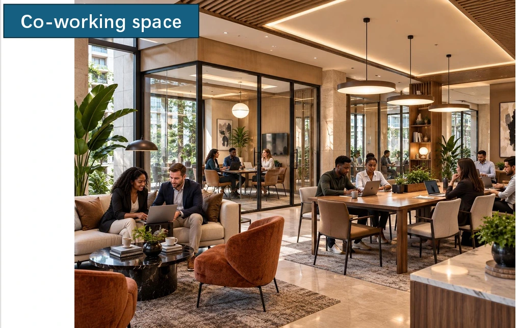 Professional co-working lounge featuring glass private meeting rooms, communal work tables, and comfortable seating at Longines Bay in Kilimani, Nairobi.