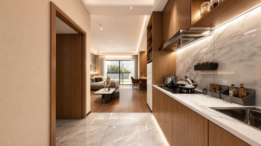 Open-plan apartment interior showcasing a modern wood-finish fitted kitchen with marble splashback leading into a sunlit bedroom suite at Longines Bay in Kilimani, Nairobi