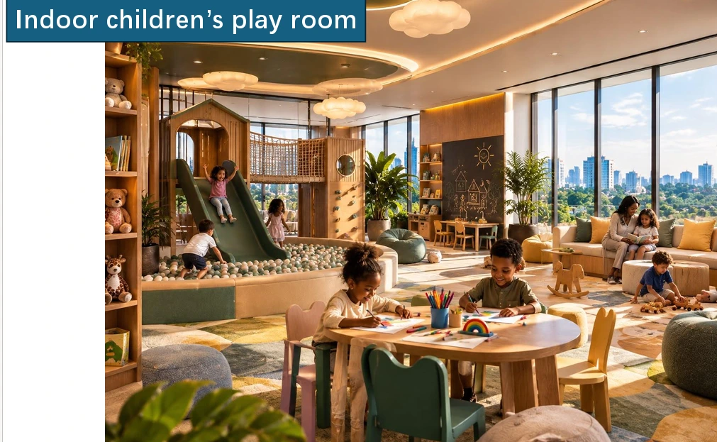 Spacious indoor children's play room featuring a wooden playhouse, slide, ball pit, and drawing tables at Longines Bay in Kilimani, Nairobi