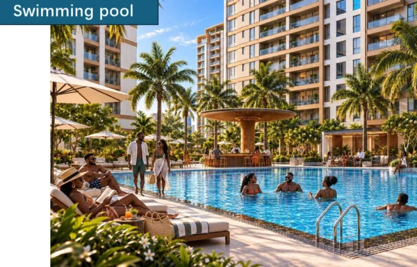 Resort-style outdoor swimming pool with sun loungers, poolside island bar, and tropical palm trees at Longines Bay in Kilimani, Nairobi.