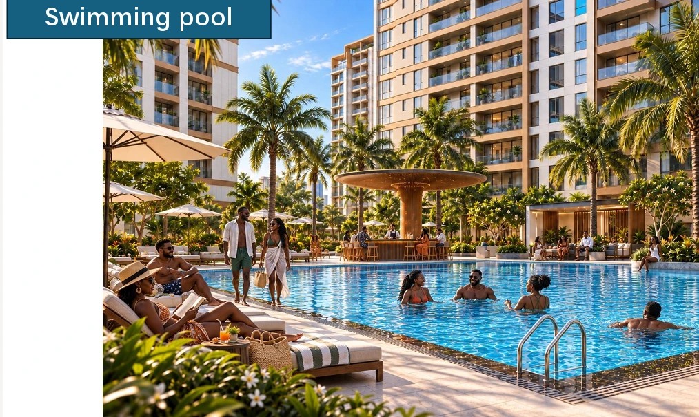 Resort-style outdoor swimming pool with sun loungers, poolside island bar, and tropical palm trees at Longines Bay in Kilimani, Nairobi.