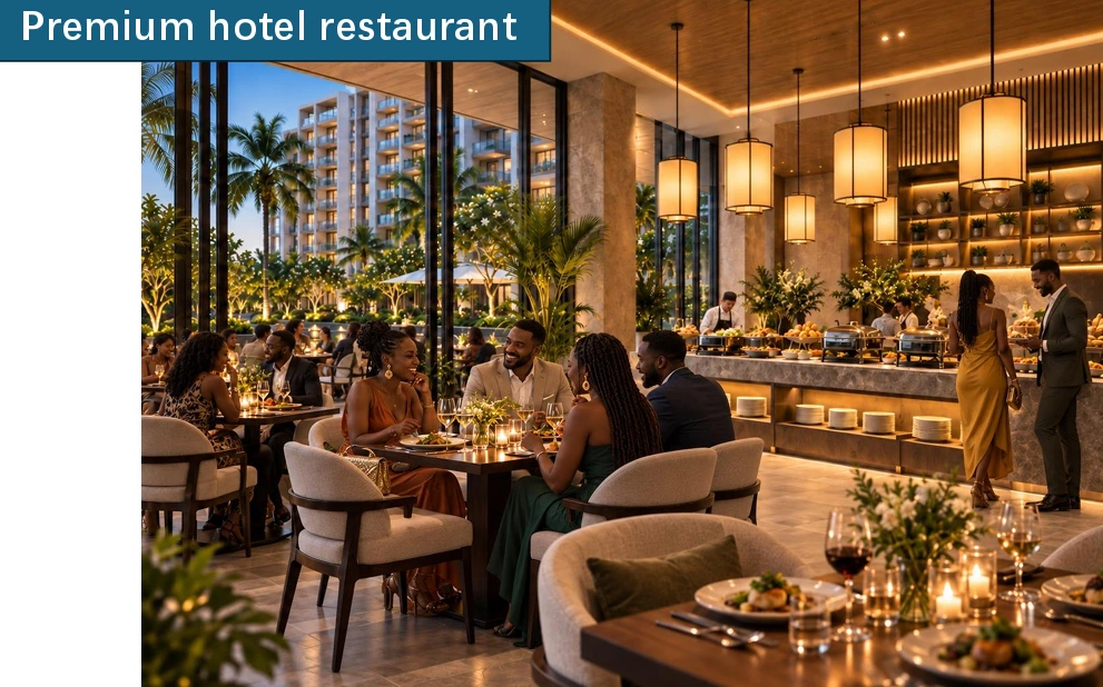 Elegant on-site hotel restaurant and buffet dining room with warm ambient lighting and garden terrace seating views at Longines Bay in Kilimani, Nairobi.