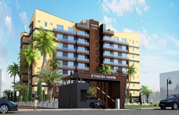 Architectural exterior view and main gate entrance of the multi-story residential apartment complex at Minah Heights Westlands in Westlands, Nairobi.
