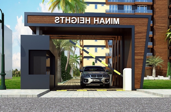Secure gated main entrance and security guardhouse with wooden architectural detailing at Minah Heights Westlands in Westlands, Nairobi.