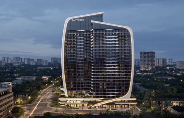 Sail-inspired architectural tower rendering with curved illuminated facade and ground-floor retail at Santorini Residences on Lantana Road in Westlands, Nairobi.
