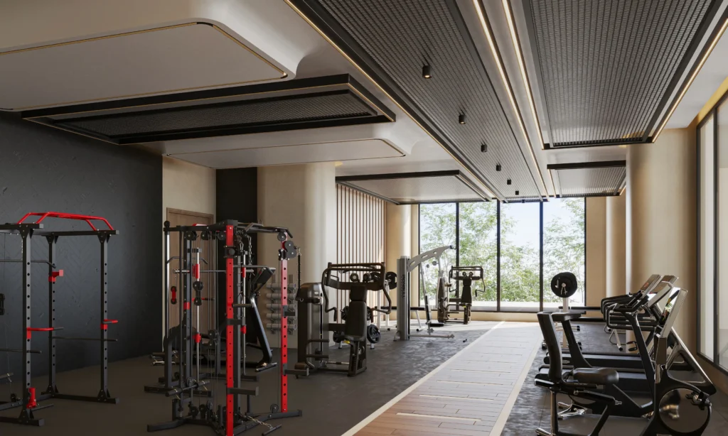 Fully equipped resident gym with power racks and treadmills at Aera Westlands