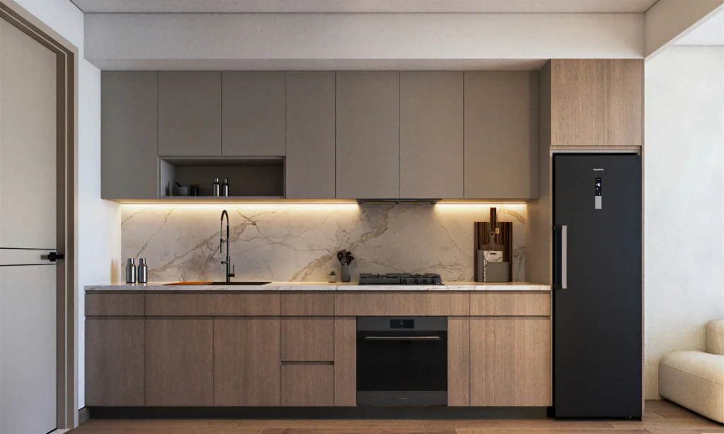 Fitted linear kitchen with wooden cabinets, gas hob, and integrated oven at Aera Westlands