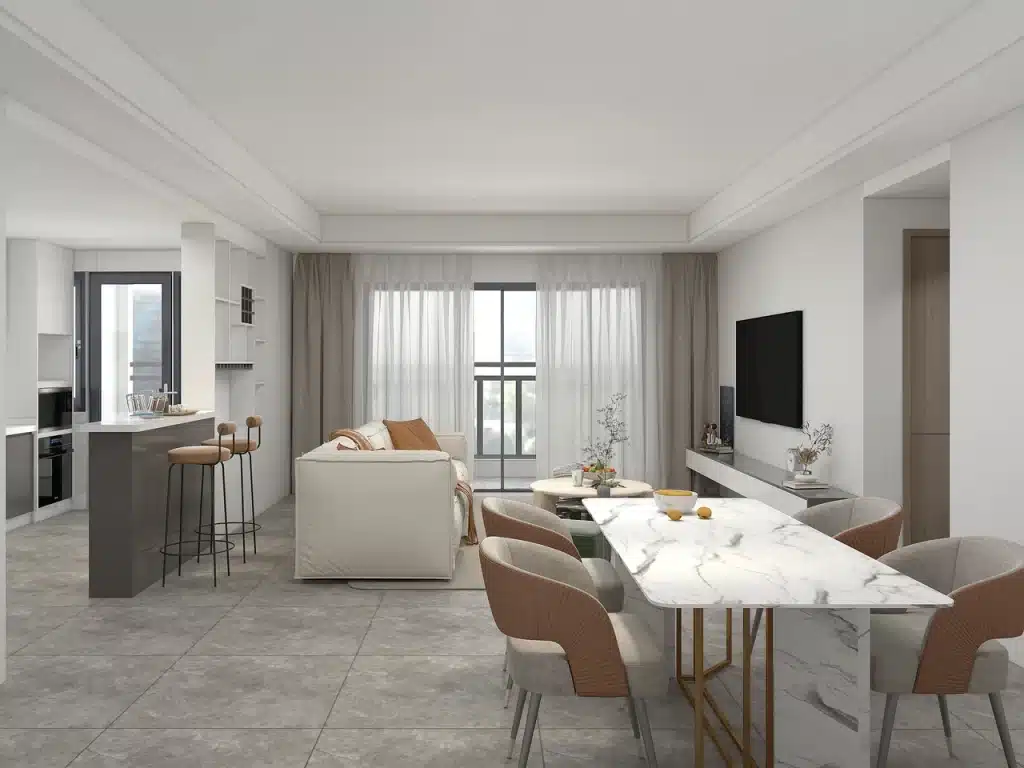 Marble dining table and open-plan lounge flow inside Alina Valley Apartments Kilimani