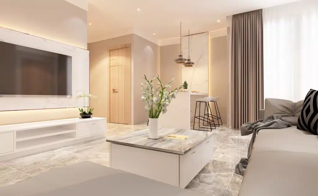 Modern open plan living room with breakfast bar counter and TV panel at Alina Valley Apartments Kilimani