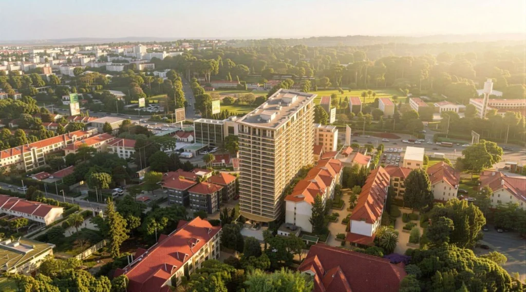 Aerial view rendering of Avana Oasis Apartments high-rise tower next to The Junction Mall on Riara Road