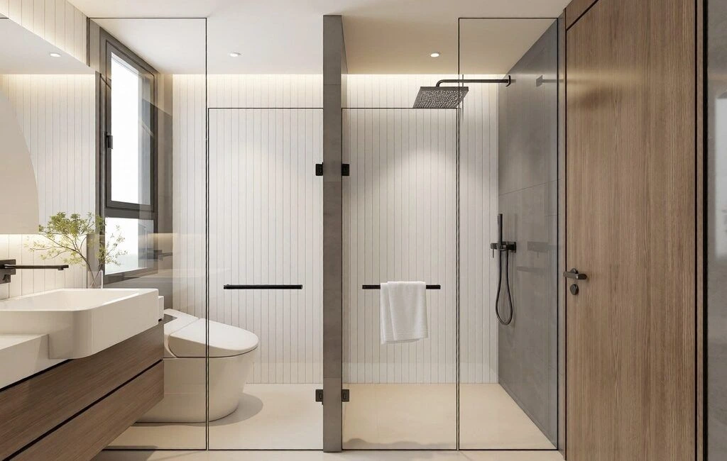 Contemporary bathroom with glass walk-in shower and floating wooden vanity at Avana Oasis Apartments on Riara Road