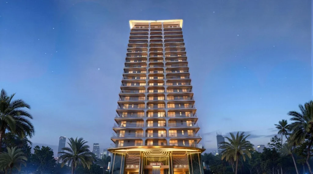 Architectural night view rendering of Avana Oasis Apartments 20-story twin towers on Riara Road Nairobi