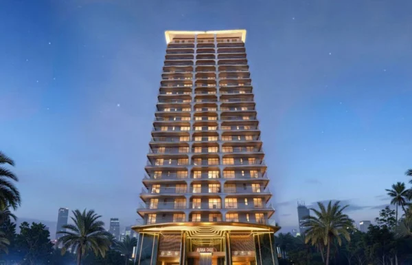 Architectural night view rendering of Avana Oasis Apartments 20-story twin towers on Riara Road Nairobi