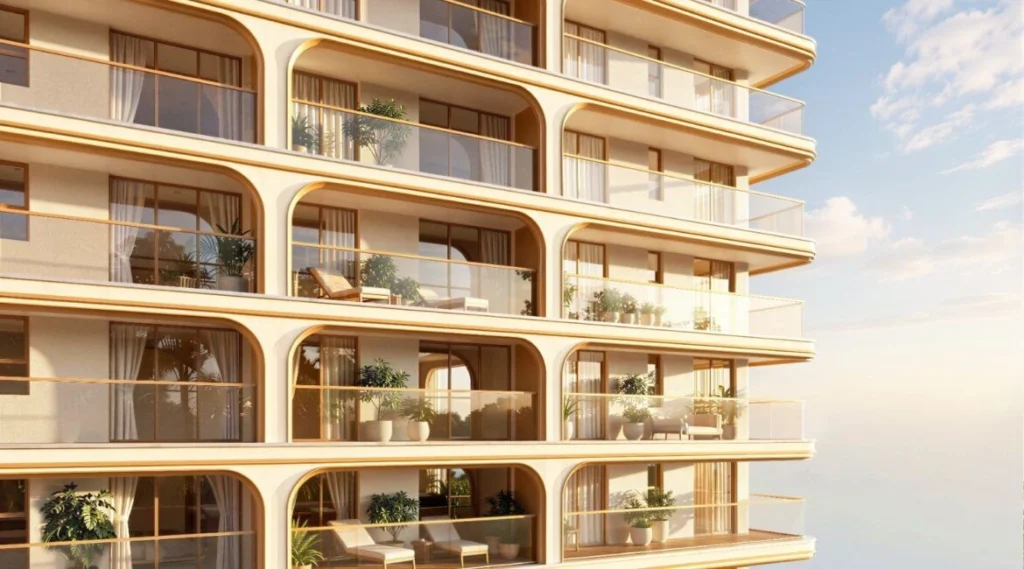 Close-up exterior rendering of curved private balconies and glass railings at Avana Oasis Apartments on Riara Road