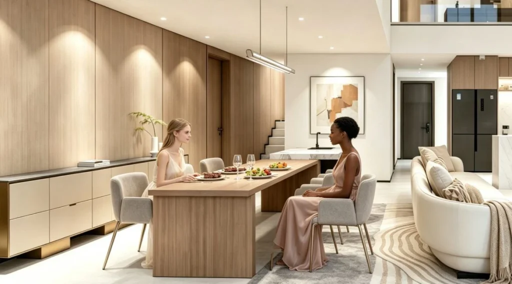 Modern open-plan living room and wood-panel dining area at Avana Oasis Apartments on Riara Road