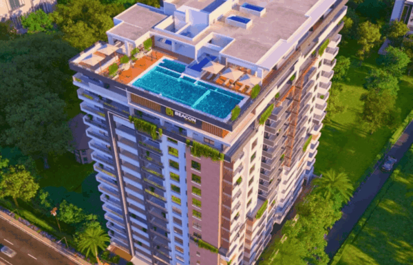 Aerial architectural rendering of the 20-story Beacon by Synina residential apartment tower featuring a rooftop infinity pool and green surroundings in Kileleshwa, Nairobi.
