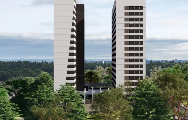 3D architectural exterior rendering of Butterfly Palace twin residential towers on Donyo Sabuk Avenue Westlands